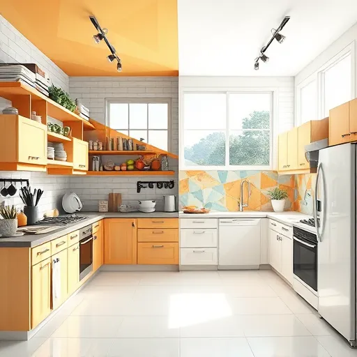 A vibrant split-view illustration showcasing the transformative power of kitchen remodeling. The left side depicts a cluttered, outdated kitchen with aging cabinets, mismatched tiles, dull lighting, and worn appliances, evoking a nostalgic, chaotic atmosphere. Transitioning seamlessly to the right, the space transforms into a sleek, modern kitchen featuring minimalist cabinetry, a geometric-patterned backsplash, glossy surfaces, and contemporary appliances, highlighting sophistication and renewal. The composition emphasizes symmetry and clean lines, with bold, colorful geometric shapes blending from disorder to order, symbolizing innovation and optimism. Playful details include stylized, oversized utensils and abstracted fruits and vegetables forming lively patterns within the geometric framework. The background features angular, stylized sunlight streaming through large windows, enhancing warmth and freshness. In the GeometricAbstraction art style, sharp angles, layered shapes, and a harmonious color palette of warm yellows, soothing blues, crisp whites, and contrasting dark accents evoke a lively, upbeat mood, inspiring viewers to envision their own kitchen transformation.