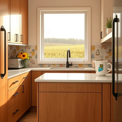 A hyperrealistic image of a small, beautifully renovated kitchen in Lowell, Indiana, showcasing expert craftsmanship. The space features sleek, modern oak cabinets with matte black hardware, creating a contemporary yet warm atmosphere. A compact island with a quartz countertop displays whimsical doodles like utensils, tiny plants, and musical notes, adding personality. The cheerful backsplash is made of colorful, hand-painted tiles illustrating a serene Indiana landscape with cornfields and a pastel sunset. Soft warm lighting highlights vintage details, including a retro toaster with quirky decals, a concealed "secret snack" drawer, and a potted sunflower on a shelf. A window frames a peaceful Indiana countryside scene with sunlight streaming in, illuminating polished surfaces. Slightly off-center, a humorous Indiana-themed coffee mug with exaggerated details adds a playful touch. The overall scene evokes an inviting, cozy, and professionally crafted kitchen with vibrant accents, warm neutrals, and natural light, captured with hyperrealistic precision.