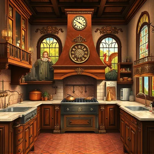 A grand Renaissance-style kitchen featuring polished wooden cabinetry with ornate carvings, shimmering marble countertops, and decorative brass fixtures that evoke timeless elegance. Copper pots and pans hang overhead, reflecting warm light, while a large intricately tiled hearth at the center radiates grandeur. whimsical elements include a clock with visible gears and a rooster-shaped weather vane on a decorative pillar. Playful touches such as a chubby cherub holding a rolling pin and tiny elves peeking from shelves add charm. The background showcases fresco-style murals depicting harvest scenes, blending artful abundance with detail. Soft, warm light filters through stained-glass windows in hues of reds, golds, and browns, creating a calm yet lively ambiance. The scene combines Renaissance grandeur with playful fantasy, presented in a painterly style reminiscent of classical frescoes with lively, imaginative details.