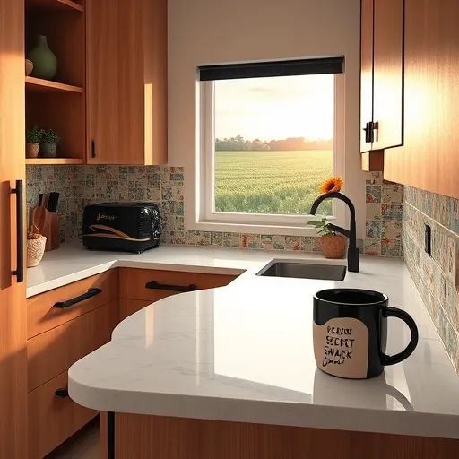 A hyperrealistic depiction of a small, expertly remodeled kitchen in Lowell, Indiana, featuring warm oak-toned modern cabinetry with matte black hardware. The cozy, efficiently organized space includes a compact island with a quartz countertop decorated with whimsical doodles such as playful utensils, tiny plants, and musical notes. The colorful, hand-painted tile backsplash illustrates a serene Indiana landscape with cornfields under a pastel sunset, adding local charm. Soft warm lighting highlights details like a vintage toaster with retro decals, a hidden drawer labeled "secret snack," and a small potted sunflower on a shelf. The background shows a window framing the Indiana countryside with sunlight filtering through, casting gentle highlights on polished surfaces. Slightly off-center, a humorous Indiana-themed coffee mug with an exaggerated design adds whimsy. The warm neutral color palette, vibrant decor accents, and natural light create an inviting, bright atmosphere that celebrates expert craftsmanship with a fun, quirky flair.