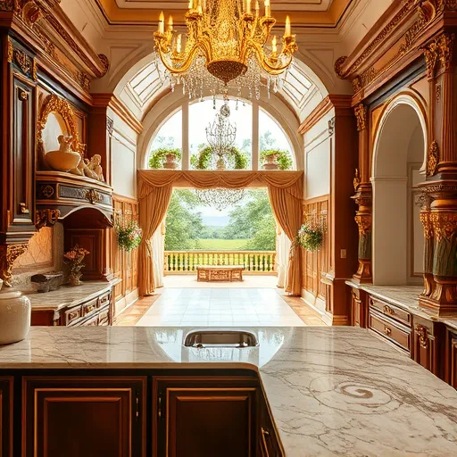 A luxurious Baroque-inspired interior transforming from a traditional, enclosed kitchen to an open-concept culinary space. The scene features ornate cabinetry with gilded accents, intricate carvings of cherubs and floral motifs, and an elaborate marble countertop with swirling veining. A grand gold chandelier with shimmering crystal pendants illuminates the space with warm light. Playful cherubs peek from arches and atop columns, adding whimsical charm. The background opens into a bright, spacious area with large windows revealing a vibrant garden terrace full of lush plants and twisting vines, symbolizing growth and transition. Elegant archways and balustrades blend the ornate interior with a modern, airy cooking zone, illustrating transformation. The warm color palette includes rich golds, deep browns, and creamy whites, creating a sense of luxury, elegance, and openness. Interwoven swirling motifs and natural elements evoke a regal yet welcoming atmosphere, capturing the sophisticated evolution of a home into a stylish, open-plan kitchen.