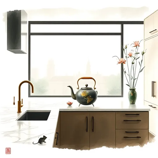An elegant Chinese Brush Painting-style depiction of a high-end kitchen remodeling scene in Griffith, Indiana. The image showcases a sophisticated kitchen interior with flowing ink-washed lines illustrating sleek marble countertops, antique brass fixtures, and minimalist cabinetry that blend traditional and modern design elements. Soft earth tones—moss green, gentle browns, and tranquil greys—create a calm, luxurious atmosphere. Delicate ink strokes highlight details such as a whimsical teapot pouring steam, represented by playful swirling ink lines, adding personality. In the background, a subtle silhouette of Griffith's skyline, featuring local architecture like the town hall, is rendered with light washes to convey depth. A window reveals a serene garden scene with stylized water lilies and bamboo, enhancing the natural, peaceful vibe. The scene contains charming details like a tiny ink-drawn mouse beneath the countertop and koi fish-like ink swirls, adding whimsical touches. This composition merges traditional brush techniques with modern design, emphasizing craftsmanship, elegance, and creative renewal in a quiet, contemplative setting.
