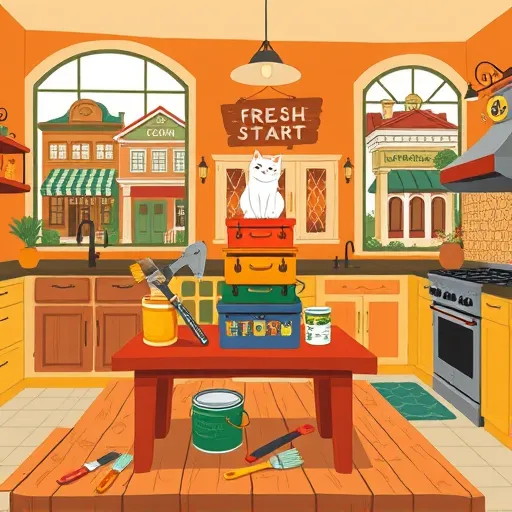 A colorful FolkArt-style illustration of a complete kitchen renovation in Crown Point, Indiana, featuring rustic charm and playful creativity. The scene depicts a cozy, inviting kitchen with exaggerated curved lines and bold, simplified shapes emphasizing craftsmanship and community spirit. In the foreground, a wooden table holds vintage tools, paintbrushes, and scattered paint cans, suggesting renovation activity. Warm earthy tones—terracotta, sunflower yellow, and deep green—decorate the walls, while stylized silhouettes of Crown Point’s historic architecture, including the courthouse and storefronts, create a charming backdrop. Large windows showcase a whimsical view of the town with exaggerated awnings and glowing lanterns. Playful details such as a mischievous cat on new cabinetry, a smiling toolbox, and a "Fresh Start" hanging sign add personality and community pride. Folkcraft motifs like intricate tile patterns, decorative cabinet borders, and stylized floral elements give the scene a handcrafted feel. The vibrant color palette of warm oranges, cheerful yellows, and lively greens evokes a sense of optimistic renewal, capturing the joyful transformation of a home in Crown Point.