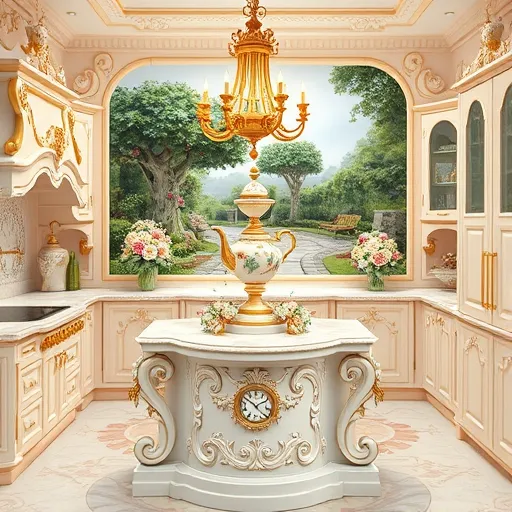 A luxurious and whimsical Rococo-style kitchen featuring intricately carved marble countertops with gilded gold accents and soft pastel-colored cabinets in pink, cream, and pale blue. The cabinets are adorned with elaborate scrollwork, floral motifs, and rocaille embellishments, complemented by vintage brass fixtures and ornate chandelier-style pendant lights emitting a warm glow. A central kitchen island resembles a miniature palace fountain, decorated with carved cherubs playfully sprinkling water motifs. Charming details include a teapot-shaped clock, curvaceous ornate tea kettles, and romantic floral arrangements of peonies, roses, and ivy in antique vases. The background depicts an idyllic garden mural with winding stone paths, gilded benches, and hidden cherubs among lush greenery. The overall scene exudes a dreamy, cozy opulence with flowing rococo curves and a harmonious palette of blush pinks, creams, gold, and mint green, embodying a fairy-tale-inspired, charmingly elegant culinary space.