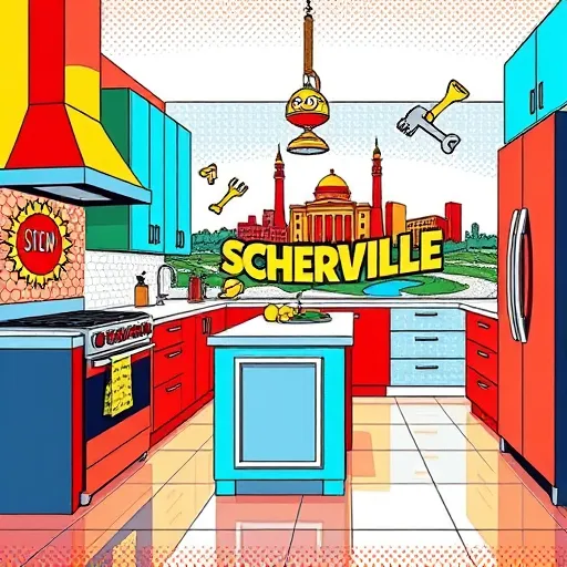 A vibrant Pop Art-inspired illustration showcasing the top kitchen remodelers in Schererville, Indiana. The stylized scene features a bold, colorful kitchen with exaggerated outlines, dynamic geometric shapes, and contrasting color blocks. Key elements include a modern stove with oversized knobs, a sleek kitchen island decorated with comic book-style patterns, and floating utensils with playful, expressive faces dancing around the scene. Bright, saturated cabinetry in electric blue, fiery red, and sunny yellow reflects whimsical highlights on sparkling countertops, emphasizing quality and freshness. Anthropomorphic tools—hammer, wrench, and screwdriver—with cheeky expressions interact lively in a busy workshop setting. In the background, a simplified, stylized map of Schererville highlights local landmarks like the town hall and lakes in exaggerated, playful forms. The overall mood is energetic and upbeat, capturing the excitement of transforming a kitchen into a modern, lively space. High-contrast lighting with bold shadows enhances the pop art aesthetic, complemented by a bright color palette of turquoise, red, yellow, and white. A subtle halftone pattern frames the scene, adding texture and reinforcing the comic book style. This dynamic composition blends professionalism with playful creativity, ideal for a blog cover showcasing top-tier kitchen remodeling in Schererville.