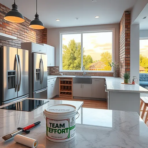A photorealistic image of a modern kitchen renovation in Schererville, Indiana, featuring polished granite countertops illuminated by soft ambient lighting. The scene includes stainless steel appliances—refrigerator, oven, and dishwasher—beautifully arranged against partially stripped walls exposing rustic brickwork. Construction tools such as paint rollers, brushes, and safety goggles rest on a worktable, adding authenticity. Overhead, pendant lights cast warm glows, contrasting with the in-progress cabinetry framework. Decorative details include a "team effort" sticker on a paint bucket and a cheerful ceramic pig figurine on a new shelf. In the background, large windows reveal bright natural daylight, with views of green suburban trees and a sunset sky with warm oranges and purples. The overall setting exudes a sense of renewal and transformation, blending textures like shiny metals, rough brick, and smooth surfaces, with a color palette of cool grays and whites accented by warm wood tones and bright tool colors, capturing the lively atmosphere of home renovation.