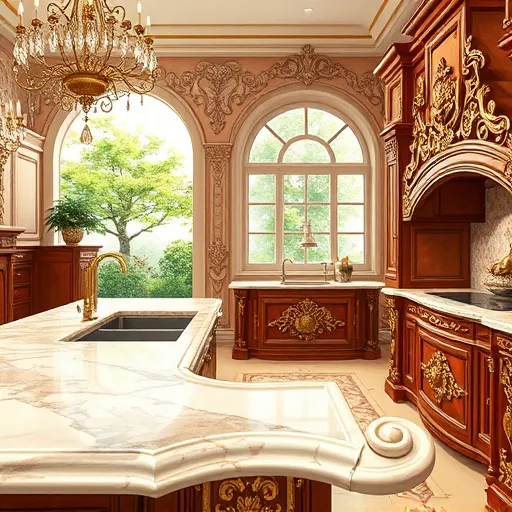 A highly detailed, Baroque-style illustration of a custom kitchen in Crown Point, Indiana, showcasing opulent craftsmanship. The scene features a sweeping marble countertop with ornate gold accents and intricate carvings, highlighting elaborate custom cabinetry decorated with floral and scroll motifs. Rich mahogany and chestnut wood veneers are polished to a deep sheen, framed by gilded filigree and elaborate moldings. Subtle Crown Point references include a whimsical lighthouse figurine atop a corner cabinet and a mini Indiana state emblem embedded in decorative panels. The background displays a textured wall with Baroque stucco patterns and a grand arched window revealing a lush garden, allowing natural light to enhance the warm palette of deep reds, golden yellows, and rich browns. Decorative elements include sparkling crystal chandeliers and detailed flourishes like carved cherubs and scrolling leaf patterns, creating an atmosphere of luxurious elegance combined with cozy charm. This scene merges intricate Baroque artistry with a welcoming kitchen environment, emphasizing bespoke cabinetry craftsmanship and local personality.