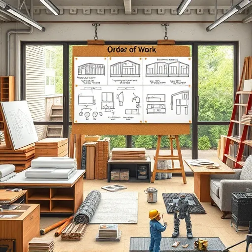 A highly realistic depiction of a home remodeling planning scene in a spacious, well-lit industrial-style workspace. The image features large drafting tables covered with detailed architectural blueprints and neatly organized building materials including wooden planks, tiles, and paint cans. A corkboard displays comprehensive charts and step-by-step plans illustrating the renovation phases such as demolition, framing, and finishing. Quirky elements include a small smiling robot holding a pencil and tiny construction workers with oversized tools working on miniature room models, adding a playful touch. In the background, a panoramic window reveals a lush garden, symbolizing the transformation from old to new. The scene contrasts outdated furniture and debris with shiny modern fixtures prepared for installation, emphasizing progress. The warm neutral color palette includes browns, beiges, and grays, accented by paint swatches and construction equipment, creating an inviting and professional atmosphere. The highly detailed art style captures textures such as wood grains, metallic surfaces, and fabric patterns, with natural lighting suggesting a lively daytime setting, conveying expertise and confidence in the home renovation process.