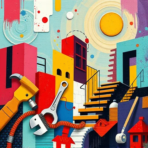 A vibrant neo-expressionist scene centered on home remodeling, featuring bold swirling brushstrokes and geometric shapes. In the foreground, abstract tools like hammers, paintbrushes, and saws with exaggerated proportions are depicted in fiery reds, electric blues, and sunny yellows, conveying creative chaos. Architectural elements such as oversized windows, swirling staircases, and fragmented walls intertwine, symbolizing transformation of domestic spaces. Playful details include a smiling wrench dancing with a paint roller and whimsical paint splashes forming stars and tiny houses. The background boasts a kaleidoscope of textured patterns in pastel mint and deep violet, evoking energy and possibility. Overall, the composition captures the energetic, imaginative spirit of home renovation, with intense emotional expression, chaotic brushwork, and vivid colors emphasizing enthusiasm, creativity, and quirky optimism.