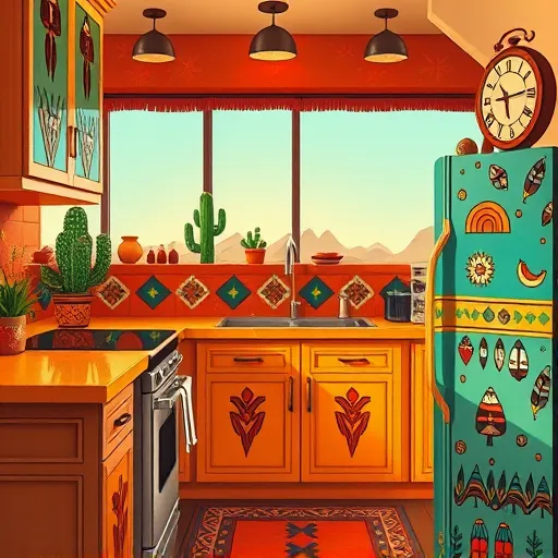 A colorful, stylized kitchen scene blending retro and modern design elements with Native American art motifs. The space features sleek, minimalist countertops accented by intricate geometric Native American patterns along the cabinet edges, alongside vintage-inspired appliances decorated with bold, rhythmic pottery-inspired designs. Warm earthy tones, including terracotta, turquoise, yellow, and green, create an inviting atmosphere. The backsplash showcases flowing feather and rainbow patterns, while subtle animal symbols such as eagles and wolves are incorporated into the cabinetry, adding spiritual symbolism. The background depicts stylized desert flora, wind-blown cacti, and mountain silhouettes in fluid, curvilinear lines characteristic of Native American art. Quirky details include a whimsical spice jar with feathers and bead patterns, and a sun-shaped clock with radiant geometric rays. Warm lighting enhances textured patterns and rich earthy colors, resulting in a vibrant, playful yet sophisticated kitchen that celebrates Native American cultural heritage and modern eclectic aesthetic.