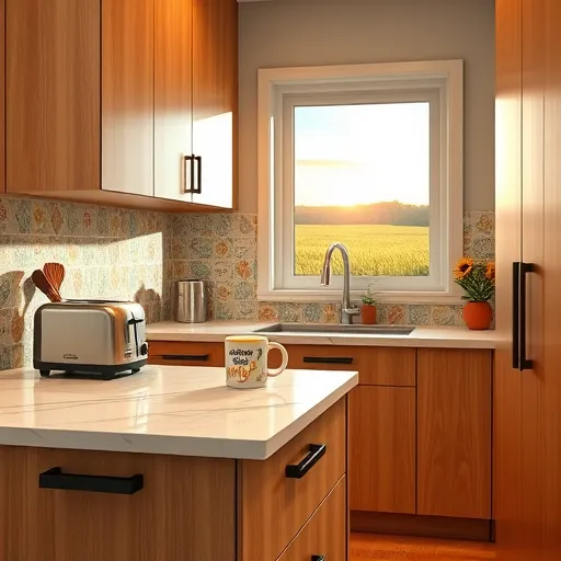 A hyperrealistic depiction of a recently remodeled small kitchen in Lowell, Indiana, showcasing expert craftsmanship and modern design. The cozy, efficiently organized space features sleek, warm oak-tone cabinetry with matte black hardware, complemented by a compact quartz countertop island decorated with whimsical doodles such as playful utensils, tiny plants, and musical notes. The backsplash highlights colorful, hand-painted tiles illustrating a serene Indiana landscape of cornfields under a pastel sunset, adding local charm. Soft, warm lighting reveals small details: a vintage toaster with retro decals, a hidden drawer labeled humorously as "secret snack," and a tiny potted sunflower on a shelf. In the background, a window frames a peaceful view of Indiana countryside with sunlight filtering through, illuminating polished surfaces. Slightly off-center, a playful, exaggerated coffee mug with a humorous Indiana slogan enhances the whimsical atmosphere. The overall scene exudes warmth, clarity, and craftsmanship, blending professional renovation with inviting, quirky touches.