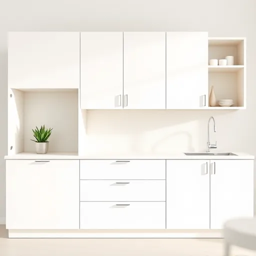 A sleek, minimalist 10x10 kitchen cabinet setup featuring symmetrical cabinets with clean, flat lines and smooth surfaces. The cabinets have subtle handles or touchless openings, emphasizing modern elegance and simplicity. The color palette includes bright, neutral tones such as soft whites, light grays, and subtle beiges, creating a calm, inviting atmosphere. Quirky touches include a tiny succulent plant peeking from an open cabinet and a vintage-inspired retro clock etched into the corner of the design, adding personality without clutter. The background showcases a gently textured wall in muted pastel shades like mint green or blush pink, providing warmth and subtle contrast. Uncluttered open shelving displays minimalist dishware and geometric containers, while soft natural lighting casts gentle shadows, highlighting the flat surfaces. The overall aesthetic is refined and organized, balancing function and charm with a visually calming, modern minimalist style.