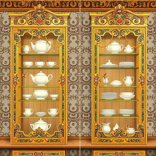 A detailed illustration of glass-front kitchen cabinets designed in Byzantine art style, featuring shimmering gold accents, intricate geometric patterns, and richly textured surfaces. The opulent cabinets are adorned with decorative filigree and stylized floral motifs, with transparent glass doors revealing delicate porcelain dishes, ornate silverware, and colorful mosaic patterns inside. Soft, warm lighting highlights the luminous glass and gold embellishments, creating a calm, sophisticated atmosphere. Playful cherubic figures entwined within the ornamental borders hold miniature utensils and peek at the dishes, adding whimsical charm. The background showcases a Byzantine-inspired tiled wall with elaborate patterns and jewel-tone colors such as emerald green, deep blue, and ruby red, evoking historical grandeur. The scene combines classical elegance with a touch of fantasy and eccentricity, capturing the luxury and craftsmanship of a Byzantine palace kitchen.