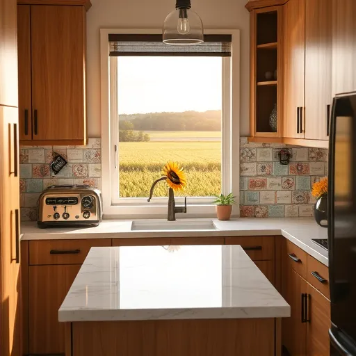 A hyperrealistic image of a beautifully transformed small kitchen in Lowell, Indiana, showcasing expert remodeling craftsmanship. The cozy, efficiently organized space features modern oak-toned cabinetry with matte black hardware, complemented by a quartz countertop on a compact island decorated with whimsical doodles. The colorful, hand-painted tile backsplash depicts a serene Indiana landscape, such as cornfields under a pastel sunset, adding local charm. Soft warm lighting reveals small details like a vintage toaster with retro decals, a hidden drawer labeled "secret snack," and a potted sunflower on a shelf. A window offers a view of the Indiana countryside with sunlight filtering through, casting gentle highlights on polished surfaces. Slightly off-center, a playful, exaggerated coffee mug with an Indiana-themed slogan adds whimsy. The overall mood is inviting and bright, emphasizing professional craftsmanship with a cozy, fun atmosphere, using warm neutrals, vibrant accents, and soft natural light in hyperrealistic detail.