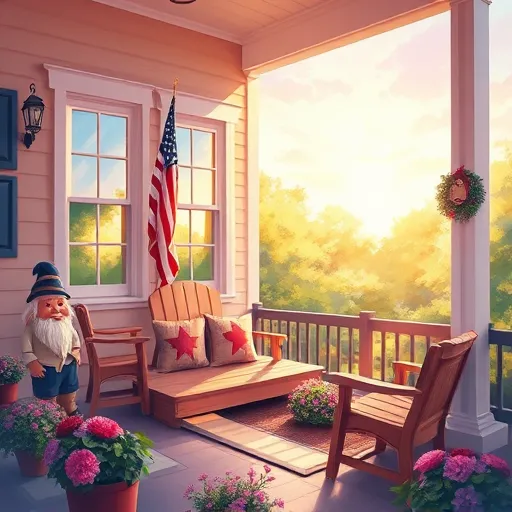 An impressionist-style scene of a renovated, veteran-friendly home bathed in warm sunlight streaming through large welcoming windows. The beautifully redesigned front porch features patriotic touches, including a small American flag gently fluttering, handcrafted furniture with textured brushstrokes evoking comfort, and a decorative wreath adorned with stars symbolizing gratitude. In the lush garden, flowering plants are depicted with soft, dappled light highlighting growth and renewal, while subtle details like a wheelchair ramp seamlessly integrated into the landscape, a sturdy wooden bench with textured patterns representing resilience, and a whimsical birdhouse shaped like a military badge or gnome in a uniform add personality and hope. The sky above blends pastel hues of peach, lavender, and blue, creating a calm, uplifting mood. Loose, expressive brushstrokes evoke a dynamic impressionistic charm, emphasizing transformation, dignity, and respect in a warm, inviting scene that celebrates veteran support and home remodeling.