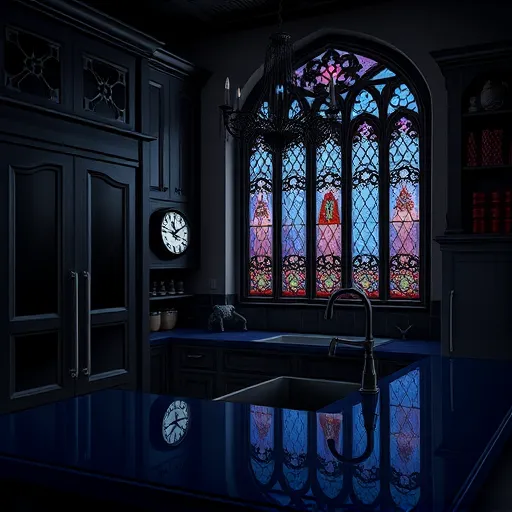 A Gothic-inspired modern kitchen featuring tall blackened wood cabinets with intricate ironwork motifs reminiscent of cathedral tracery, set against a moody atmospheric background. Deep midnight blue countertops with a subtle, eerie sheen contrast with vintage wrought iron chandelier-style lighting that casts dramatic shadows. Ornate dark-metal cookware and utensils hang from twisted gargoyle-shaped hooks. Quirky details include a mischievous gargoyle peering from behind a cabinet corner, a melting Roman numeral clock integrated into a gothic arch, and whimsical candelabra-shaped spice jars. Arched stained glass windows in purples, blues, and reds cast colorful light patterns across the space. The scene combines medieval cathedral-inspired design with modern functionality, creating a mysterious yet inviting atmosphere marked by dramatic contrasts, rich textures, and gothic detailing in a color palette of blacks, blues, purples, and metallic silver accents.