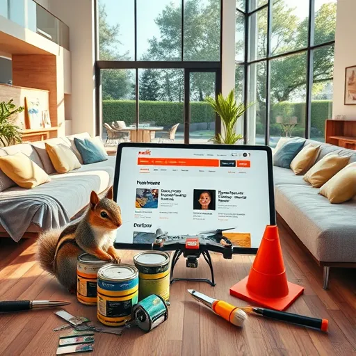 A hyperrealistic interior scene of a modern home undergoing renovation, showcasing an open-plan living room filled with tools like paintbrushes, rollers, and hand saws scattered across a stylish wooden floor. Sleek, partially covered furniture reflects natural sunlight streaming through a large window, illuminating warm neutral tones, rich wood textures, and vibrant paint swatches. A high-resolution tablet on a worktable displays a Reddit homepage with visible subreddit icons such as "HomeImprovement," "RenovationNation," and "DIY," representing a lively online community sharing home remodeling projects. Whimsical details add personality: a curious squirrel wearing a painter's hat peeks from behind paint cans, a smiling traffic cone sits nearby, and a miniature drone holding a paintbrush emphasizes innovation. In the background, a lush backyard with garden furniture and a cheerful birdhouse adds outdoor charm. The scene's intricate textures, reflections, and color contrasts evoke an energetic, creative atmosphere of DIY progress, community engagement, and cozy inspiration, ideal for a blog cover celebrating home remodeling on Reddit.