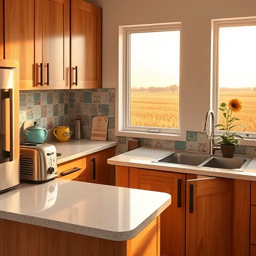 A hyperrealistic image of a small, beautifully renovated kitchen in Lowell, Indiana, showcasing expert remodeling craftsmanship. The compact, well-organized space features sleek modern oak cabinets with matte black hardware, accented by warm neutral tones. A cozy island with a quartz countertop displays a whimsical doodle pattern including playful utensils, tiny plants, and musical notes. The colorful, hand-painted tile backsplash depicts a serene Indiana landscape of cornfields under a pastel sunset, adding local charm. Soft lighting highlights details such as a vintage toaster with retro decals, a hidden drawer with a "secret snack" sticker, and a small potted sunflower on a shelf. A window offers a view of the Indiana countryside bathed in gentle sunlight. Slightly off-center, a playful, exaggerated coffee mug with an Indiana-themed slogan adds whimsy to the scene. The overall mood is inviting, bright, and cozy, emphasizing craftsmanship and personality through warm neutrals, vibrant accents, and natural light, rendered in hyperrealistic detail.