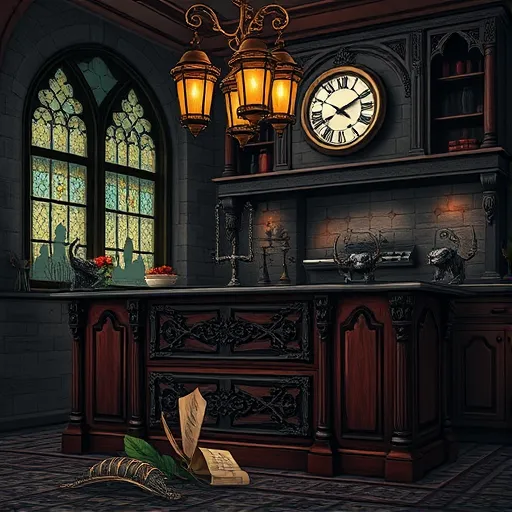 A gothic-inspired, moody illustration of an opulent kitchen island scene featuring dark, ornate cabinetry with intricate wrought-iron fixtures and gothic arches. The central island is crafted from deep mahogany or blackened stone, embellished with elaborate carvings and gothic design elements. Above, aged brass pendant lights with flickering candle-like flames cast warm, dynamic glows and dramatic shadows. Tall, arched stained-glass windows allow muted, colorful light to filter into the space, enhancing the atmospheric, somber mood. Playful gargoyle sculptures with exaggerated expressions perch along the edges of the cabinetry, adding whimsical detail. A medieval-style clock with frozen hands hangs on the stone-tiled wall, which showcases intricate patterns and faint ghostly silhouettes of vintage furnishings. The countertop is scattered with antique-looking gothic tools, such as vintage measuring instruments, beneath ornate tile patterns. The color palette includes deep charcoal, crimson red, aged gold, dark emerald, tarnished silver, and ebony, creating a regal yet mysterious ambiance. Overall, the scene conveys craftsmanship, dark elegance, and whimsical gothic charm, ideal for a blog about gothic kitchen designs and their elaborate craftsmanship.