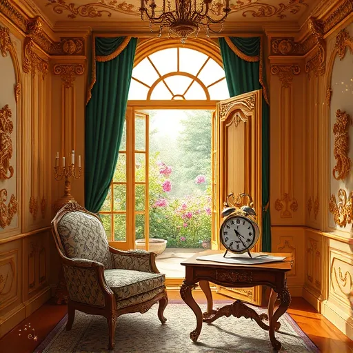 A richly detailed Baroque-style home remodeling scene showcasing an opulent, partially renovated interior with ornate gilded architectural details, elaborate moldings, and sweeping arches that convey timeless elegance. In one corner, a vintage armchair with plush, patterned fabric sits beside a classic wooden worktable cluttered with blueprints, paint swatches, and tiny miniature furniture models, highlighting craftsmanship. Light filters through a rococo-inspired window adorned with sumptuous velvet curtains, casting warm golden hues across the space. Behind the scene, a partially open ornate door reveals a whimsical garden filled with giant flowers and twisting vines, symbolizing transformation. The walls feature elaborate swirling mosaic-like patterns, and a quirky tiny clock with curly Roman numerals adds personality. Vibrant accents of emerald green, deep gold, and regal purple enhance the scene's luxurious yet playful atmosphere. Delicate flourishes and swirling motifs frame the composition, with tiny fairy-like sparkles emphasizing magic and metamorphosis—blending grand Baroque aesthetics with creative, inviting details perfect for a home upgrade blog.