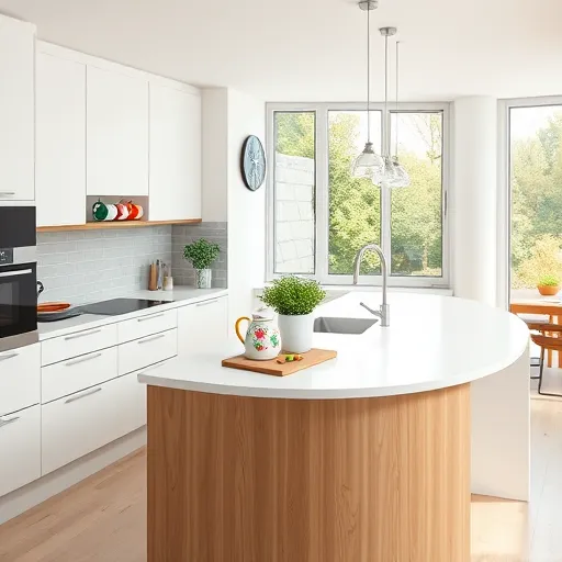 Photorealistic depiction of a modern U-shaped kitchen remodel featuring sleek, minimalist matte white cabinets with warm oak accents and handleless drawers. The spacious countertops are decorated with curated culinary utensils and a potted herb garden, adding lively greenery. Large floor-to-ceiling windows flood the space with soft natural light, highlighting a textured gray subway tile backsplash. Quirky details include colorful ceramic mugs hanging on a rail, a vintage-inspired floral kettle, and a smiling fruit-shaped clock, infusing personality into the design. The central curved island with an induction cooktop displays fresh vegetables and a cutting board, emphasizing functionality. The open-concept background reveals a warm wooden dining table and glimpses of lush greenery outside, creating an inviting, contemporary, and welcoming atmosphere characterized by a calm, sophisticated palette of whites, warm woods, muted grays, and cheerful pops of color.
