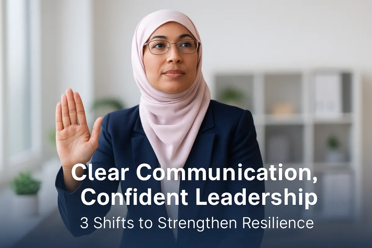 A professional woman in a bright workspace speaks during a team meeting. She gestures with calm confidence while others listen. Overlay text reads: “Clear Communication, Confident Leadership: 3 Shifts to Strengthen Resilience.”