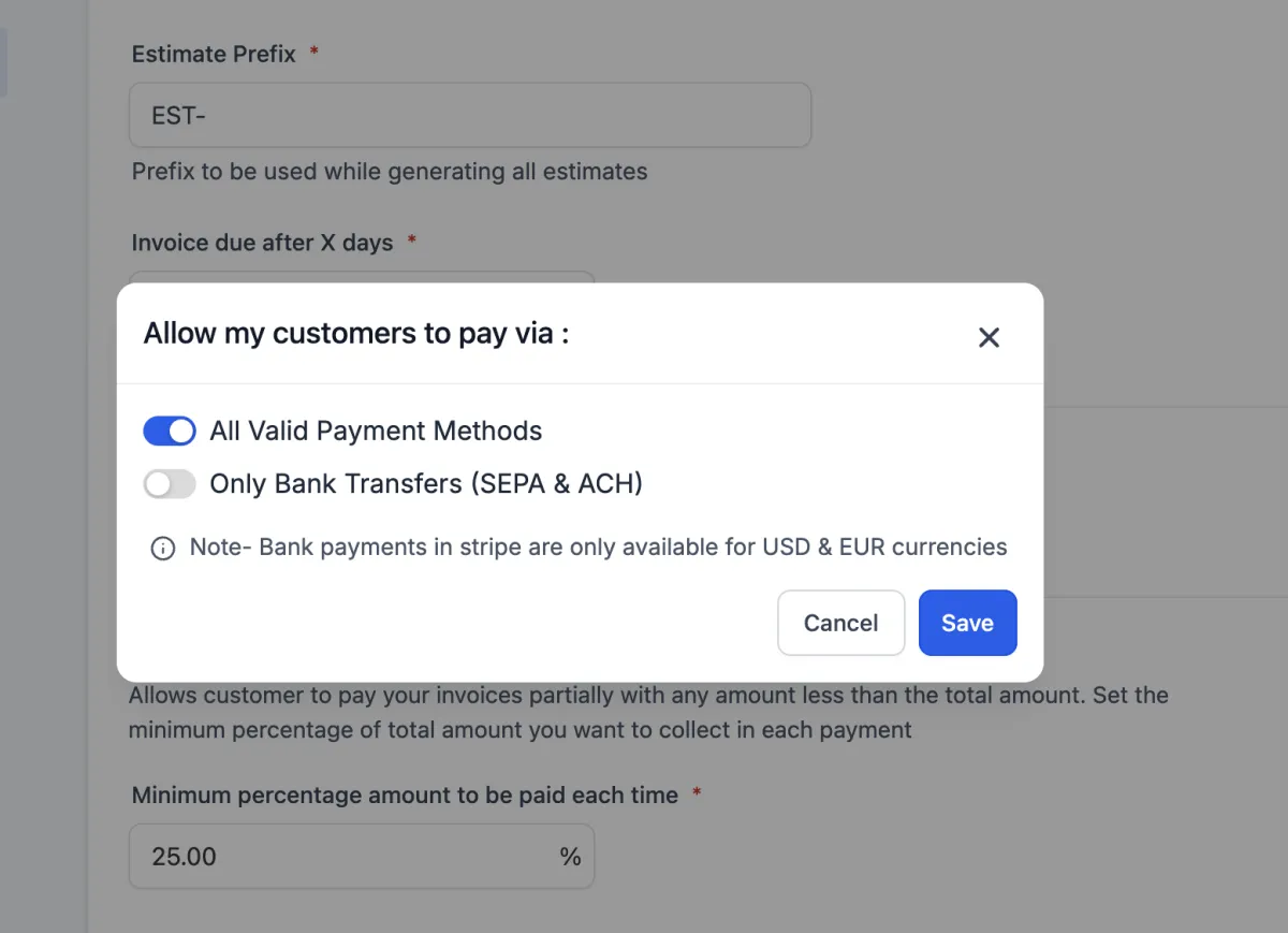 Invoices: Now supports Bank only transfers