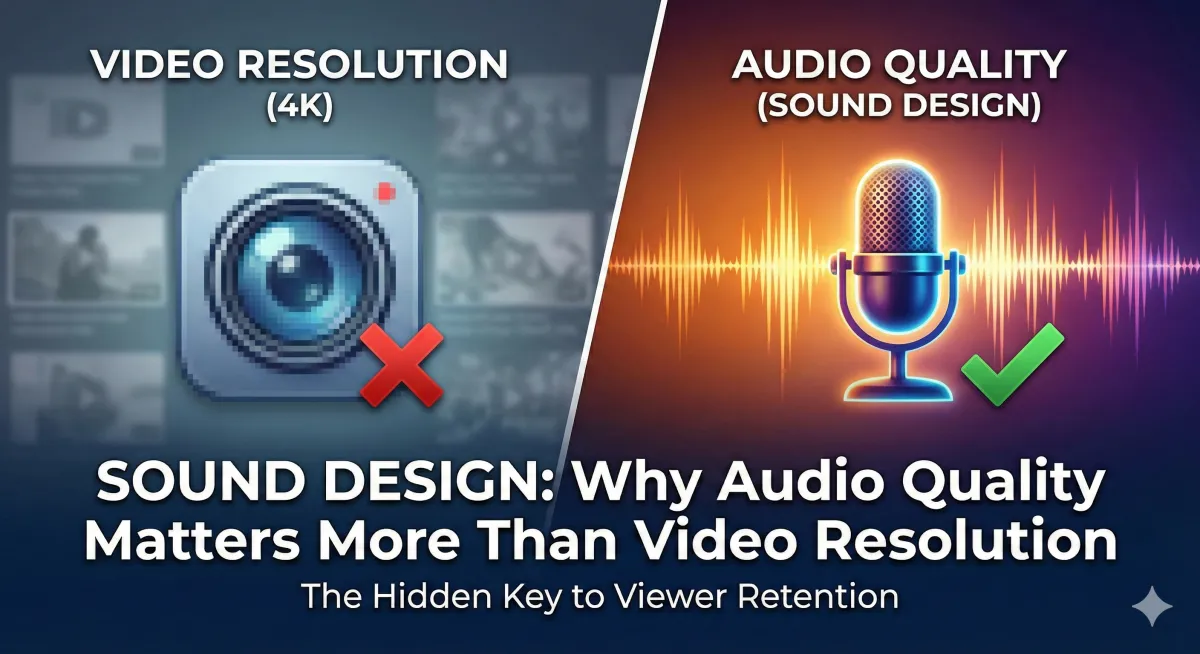 Split-screen comparison graphic titled 'Sound Design: Why Audio Quality Matters More Than Video Resolution.' The left side features a camera lens with a red X representing video resolution, while the right side highlights a professional microphone with sound waves and a green checkmark representing superior audio quality.
