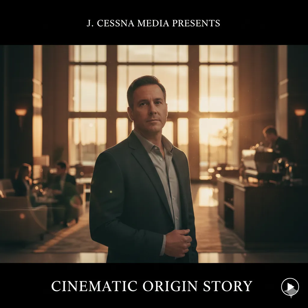 A cinematic, high-end portrait of a founder in a luxury hotel lobby at sunset, featuring elegant lighting and a letterbox frame. Text overlays read "J. Cessna Media Presents" and "Cinematic Origin Story," symbolizing professional brand storytelling for hospitality and lifestyle brands.