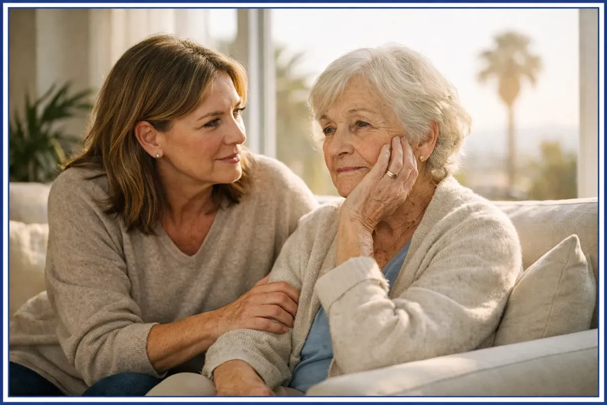 A calm conversation between an adult child and an elderly parent in a bright Los Angeles sunroom, symbolizing trust and open communication.