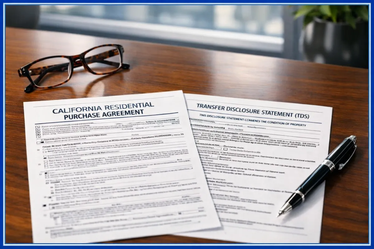 Real estate disclosure documents and a TDS form on a desk, representing the legal requirements of selling a home in California.