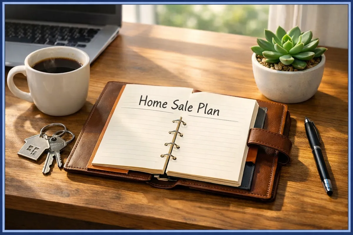 An organized desk with a home planning calendar and house keys, representing the relief of having a clear real estate strategy