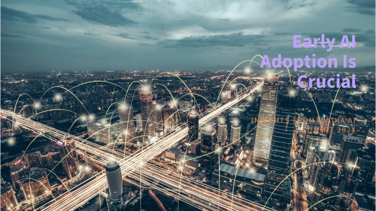 A stunning aerial nighttime cityscape showing a modern metropolis with illuminated skyscrapers and highways. The image features light trails from traffic creating bright white streaks along major roads, while glowing connection lines arc between buildings, symbolizing AI and digital networks. The sky has a moody teal-blue tone with dramatic clouds. Text overlay in purple reads "Early AI Adoption Is Crucial" with smaller text indicating "INSIGHTS FROM INDIA AI SUMMIT 2024". The overall aesthetic conveys technological advancement, interconnectivity, and urban innovation.