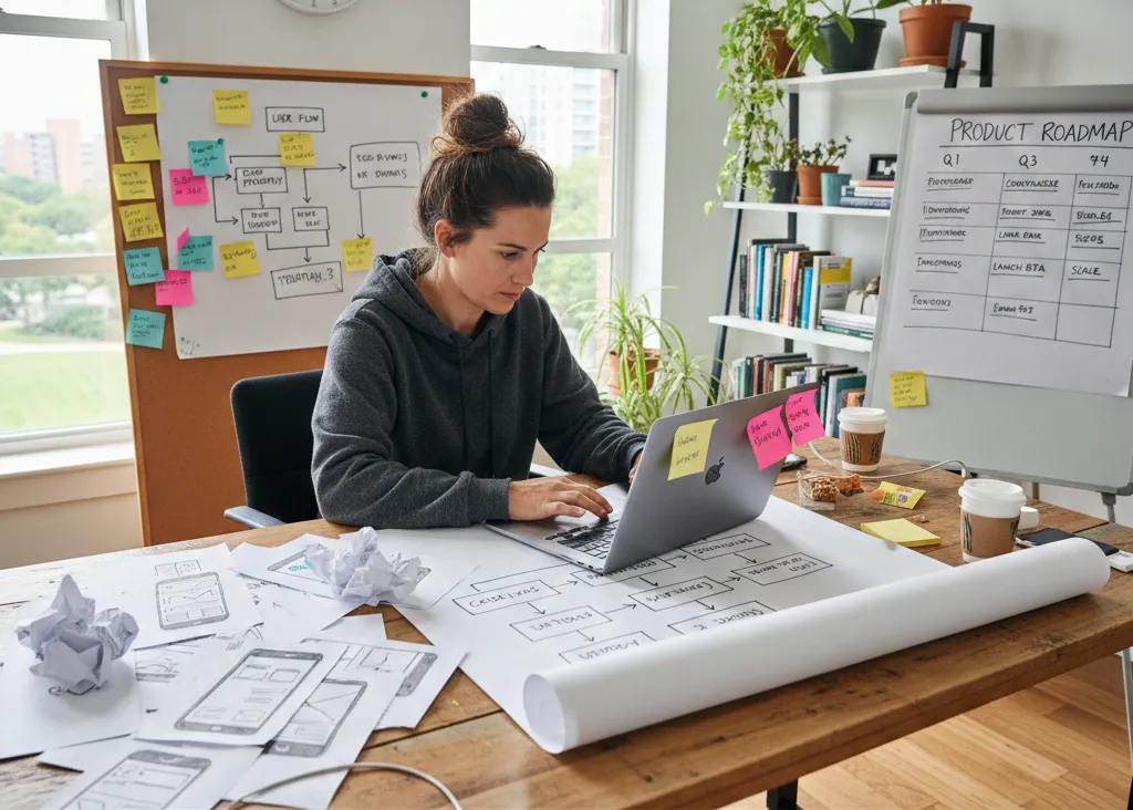 Entrepreneur planning product development strategy from idea to launch