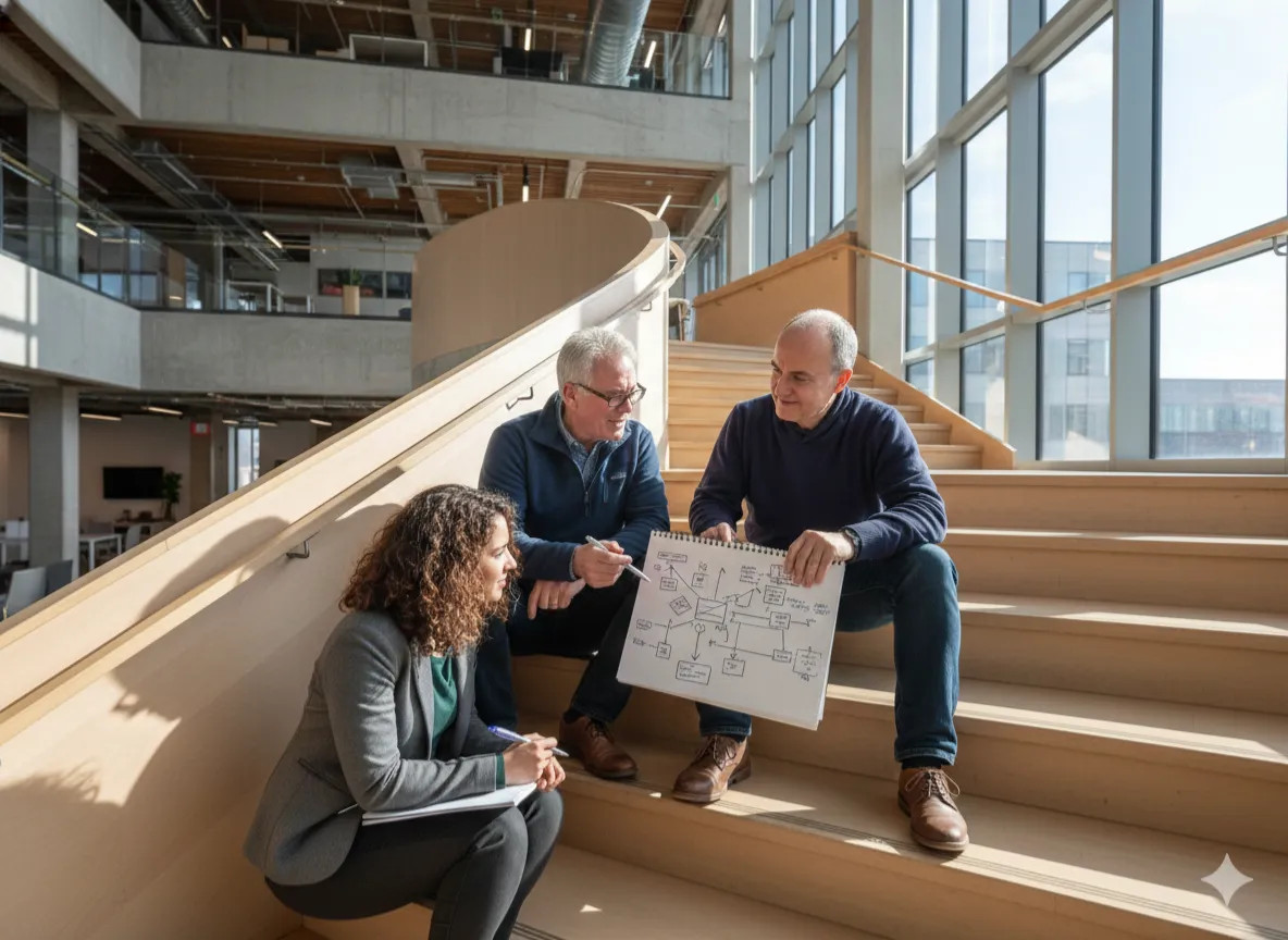Two experienced business coaches reviewing business systems and growth strategy with an entrepreneur in a modern, collaborative workspace.