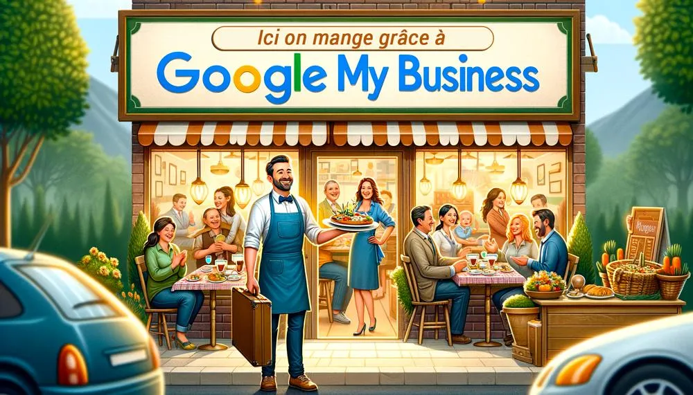 Restaurateur souriant accueillant des clients dans un restaurant animé, succès grâce à Google My Business