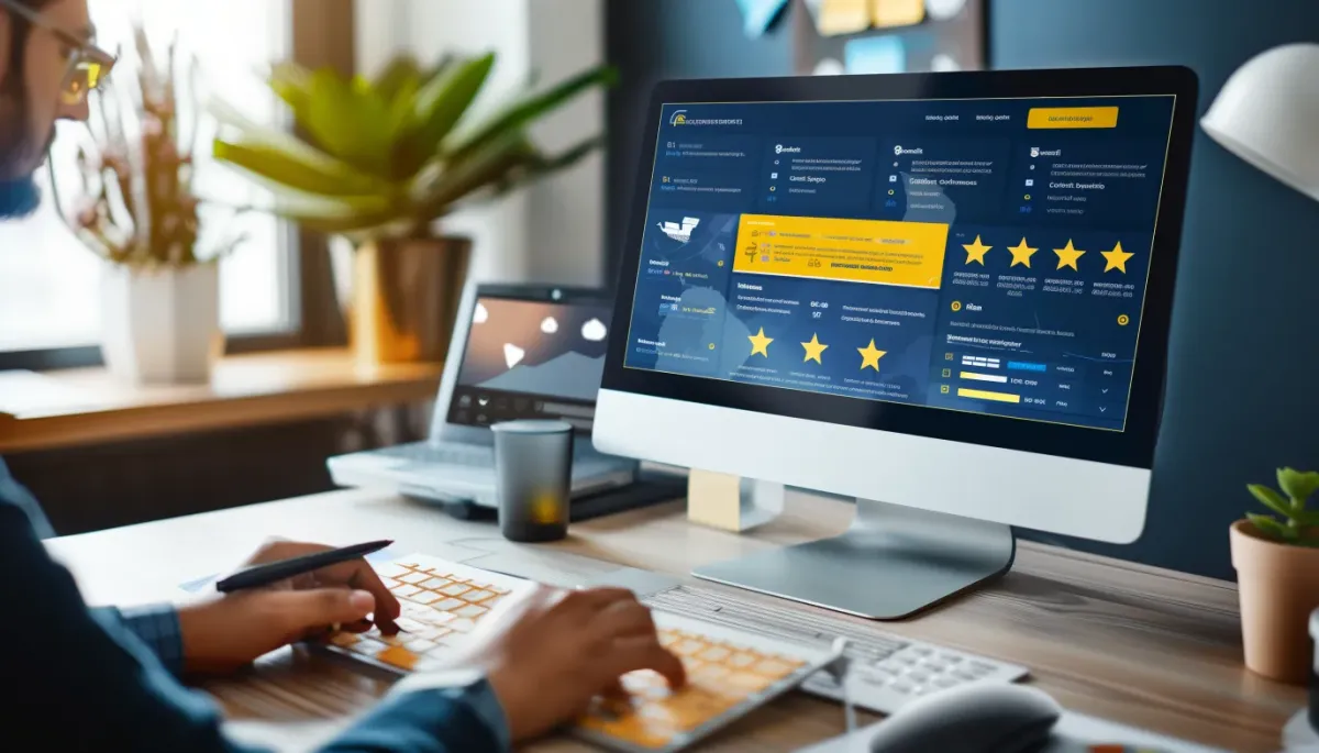 Marketer using Review Scraper interface with gold and navy blue colors to create ad campaign featuring customer reviews