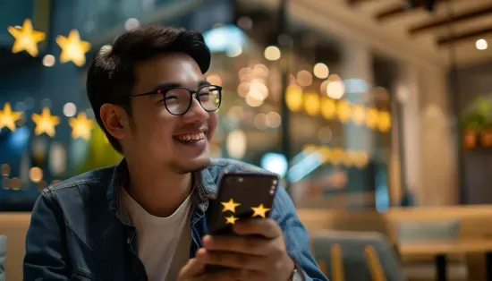 Customer reading Google business reviews on smartphone with gold and navy Review Scraper branding, showing trust and confidence