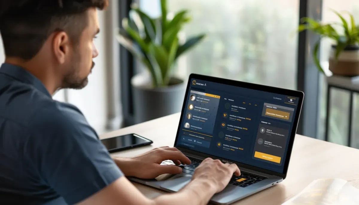 Business owner calmly reviewing negative feedback using Review Scraper interface in gold and navy branding