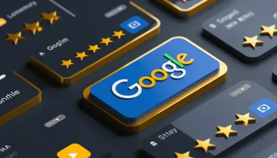 Google business listings with visible star ratings and gold and navy Review Scraper branding, highlighting SEO impact of reviews