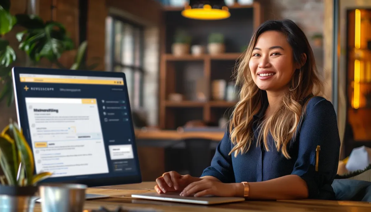 Business owner using Review Scraper dashboard to write personalized customer replies with navy and gold interface