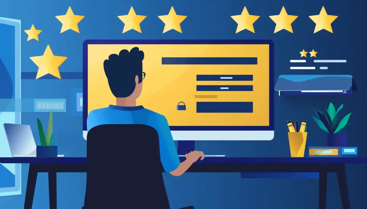Business owner analyzing customer feedback and 5-star reviews using Review Scraper dashboard in gold and navy brand colors