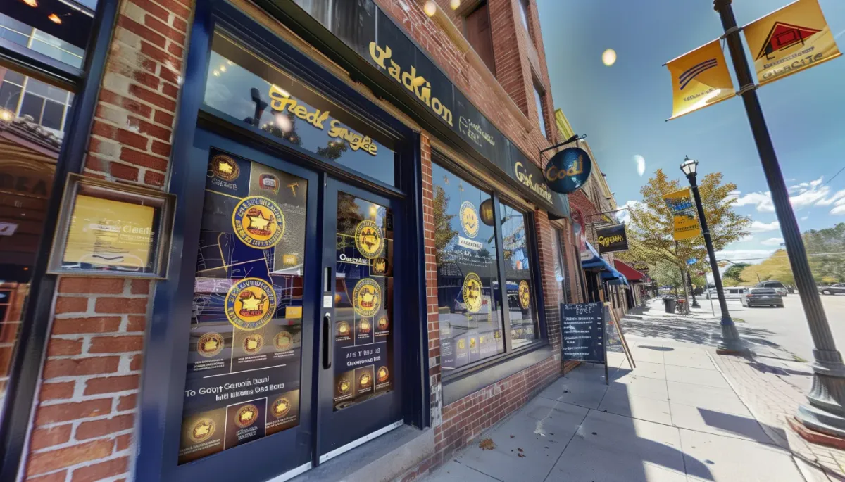Small business storefront with overlay of 5-star Google reviews and gold and navy blue Review Scraper branding