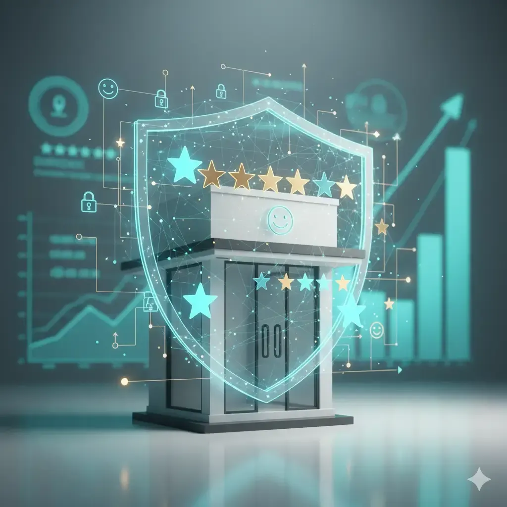 Conceptual editorial image representing a business’s online reputation as a protected digital storefront, surrounded by trust signals and reputation indicators that convey credibility and control.