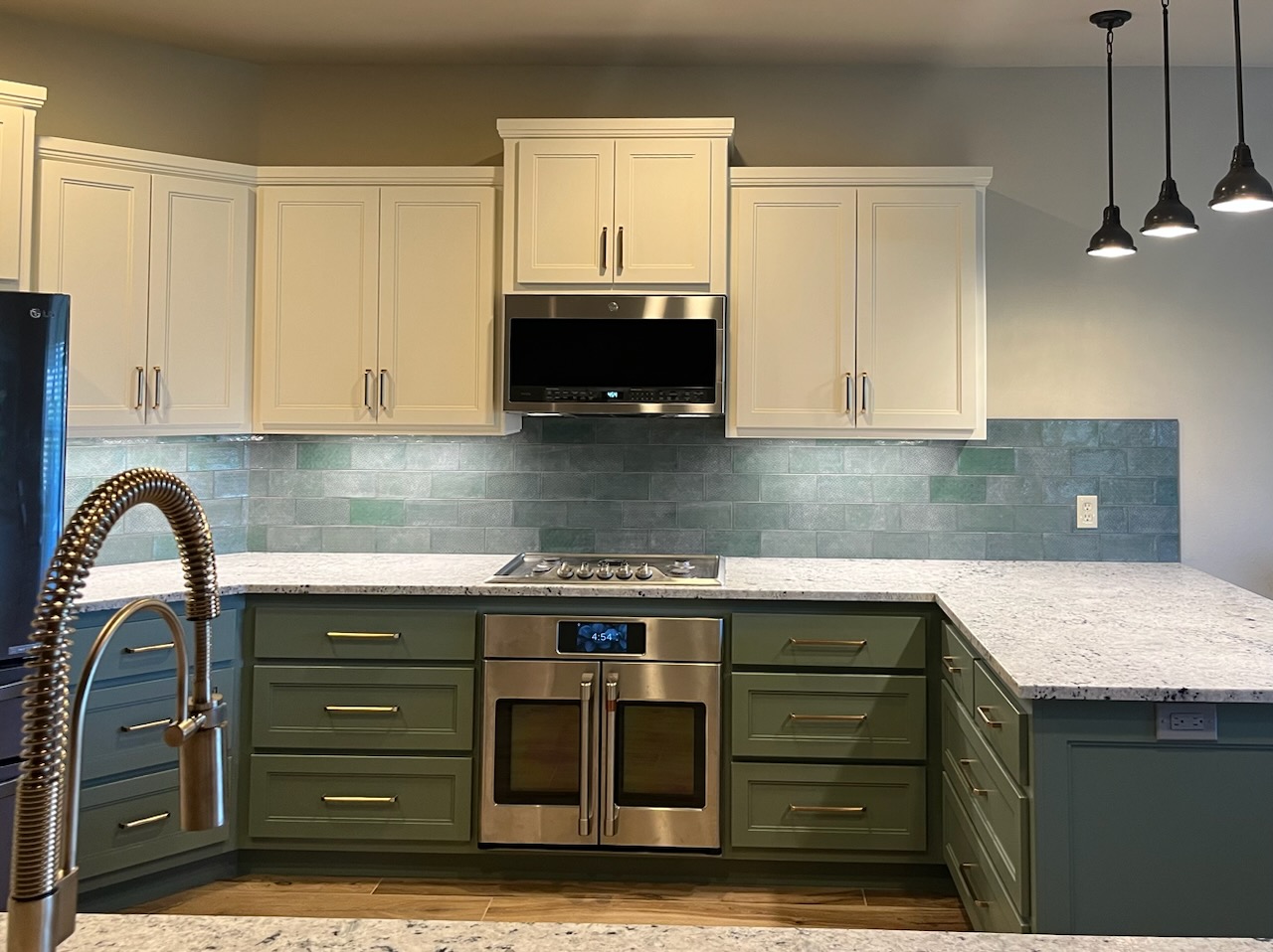 Rustic kitchen design with wood island, open shelving, modern lighting, and stainless steel appliances