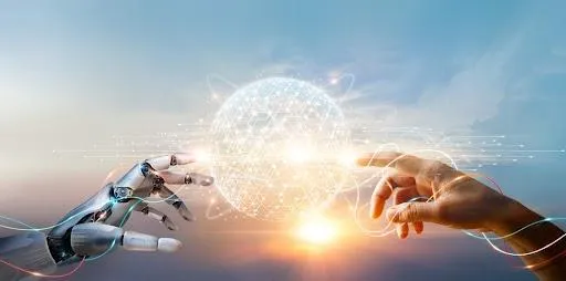 image of a human hand and robot ai hand touching 
