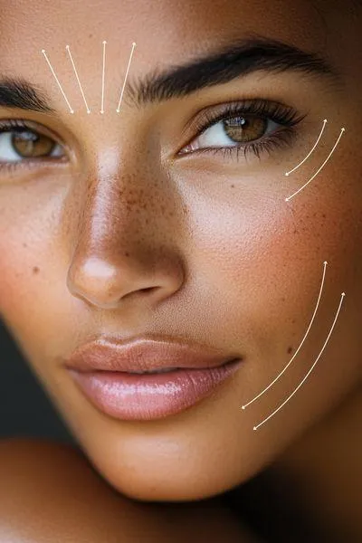 Woman with facial diagram showing thread lifting target areas for non-surgical facial rejuvenation at One8Clinic in Sandton