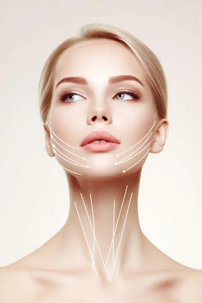 Facial threadlift visual showing vector lines indicating skin lifting areas for non-surgical facelift – used in article on recovery, downtime, and results at One8Clinic Johannesburg.