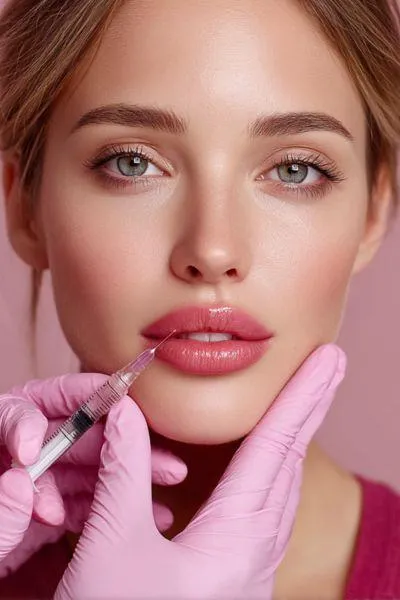 Medical professional performing hyaluronic acid lip filler injection on a young woman with natural results, highlighting the importance of experience and product quality at One8Clinic.