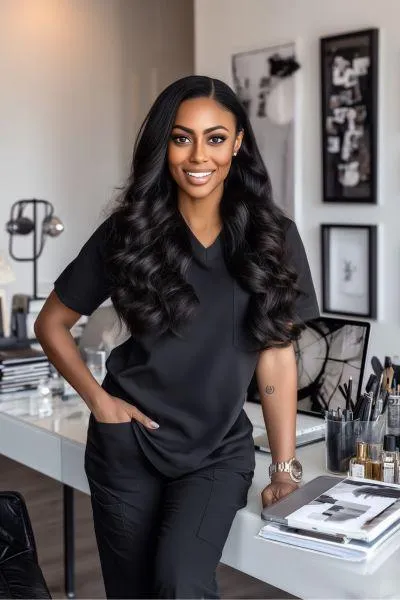 Confident female aesthetic practitioner in a clinical setting, highlighting the importance of choosing qualified professionals and trusted filler products for safe and effective lip enhancement.